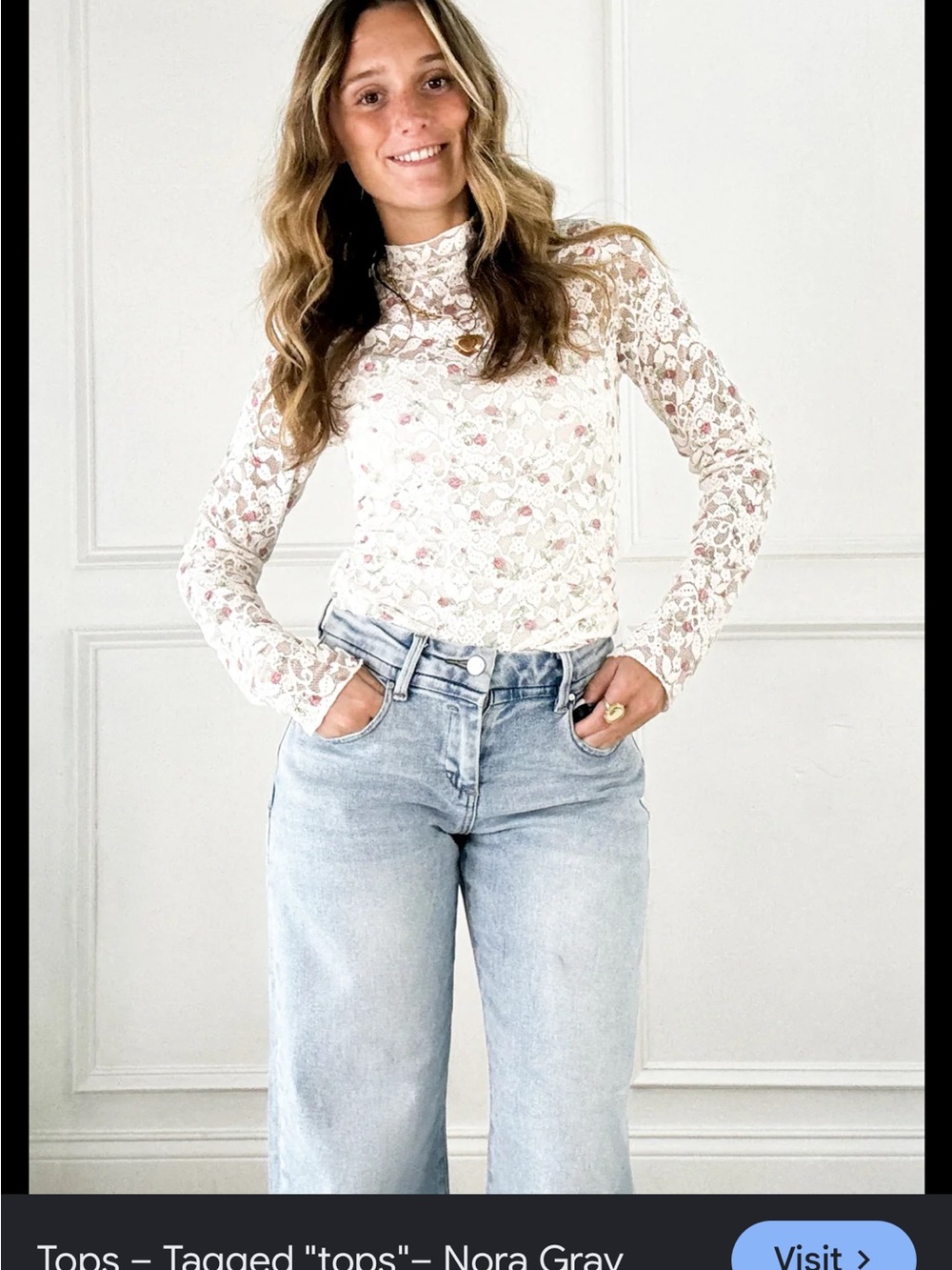 Floral Lace Long-Sleeve Mock Neck Top - Cream with Pink Accents